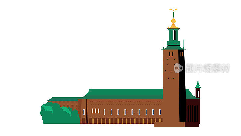 City Hall or Stadshuset in Stockholm Sweden. Vector illustration of a famous building, a city landmark.